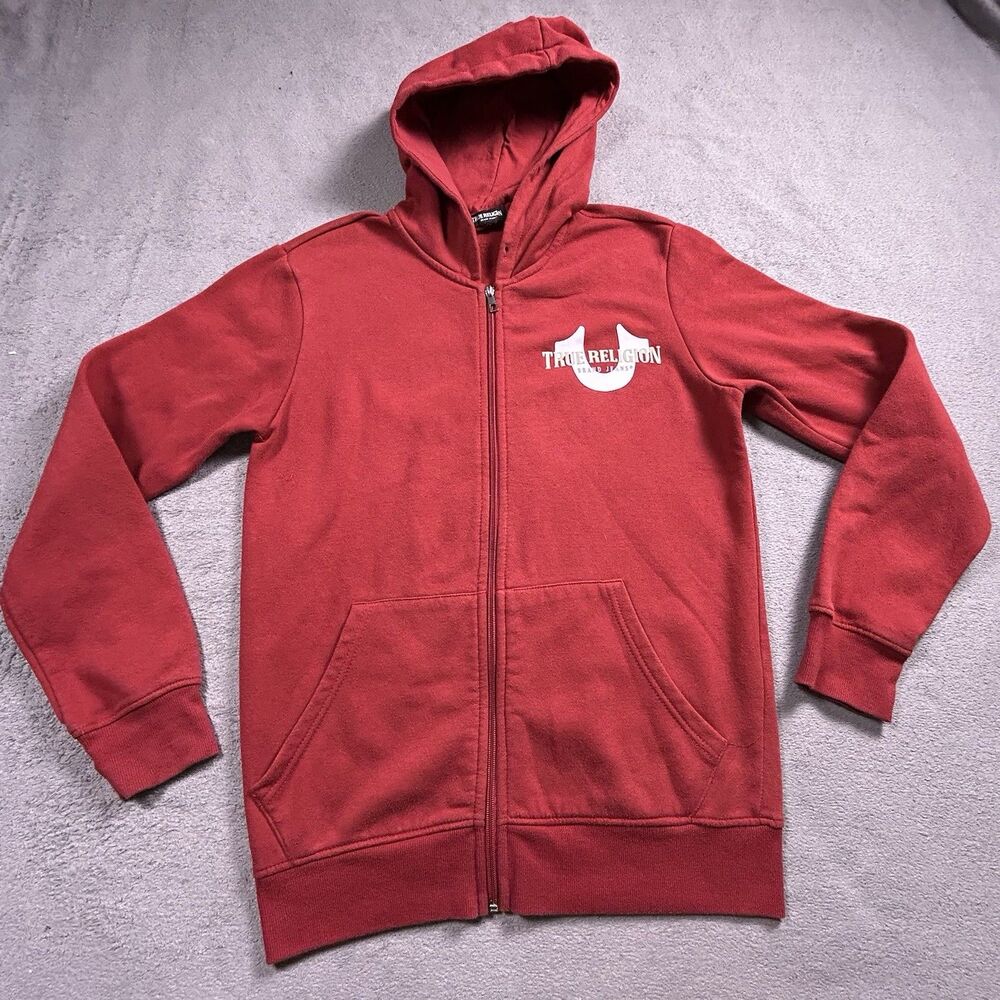 True Religion Hoodie Men Small Red Full Zip Sweatshirt Graphic Logo Pockets S